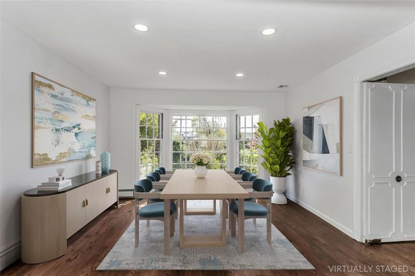 Dining room, Interior, Recessed Lighting, Wood Texture Flooring