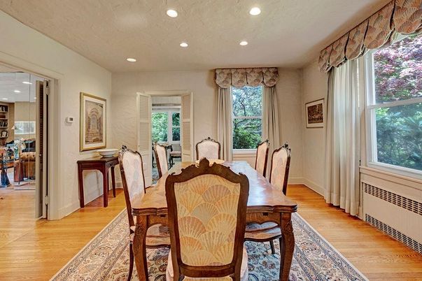Dining room, Interior, Recessed Lighting, Wood Texture Flooring