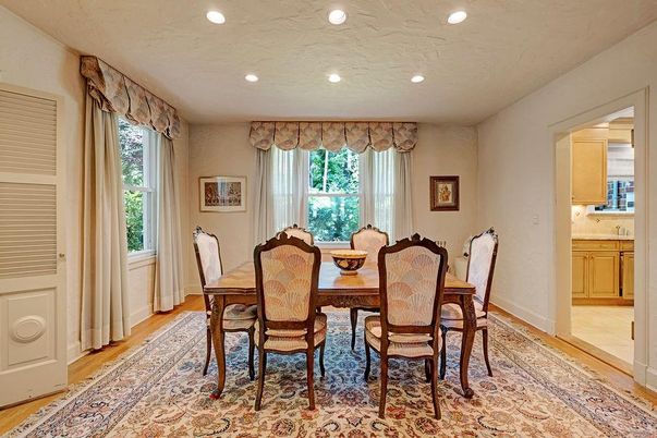 Dining room, Interior, Recessed Lighting, Wood Texture Flooring