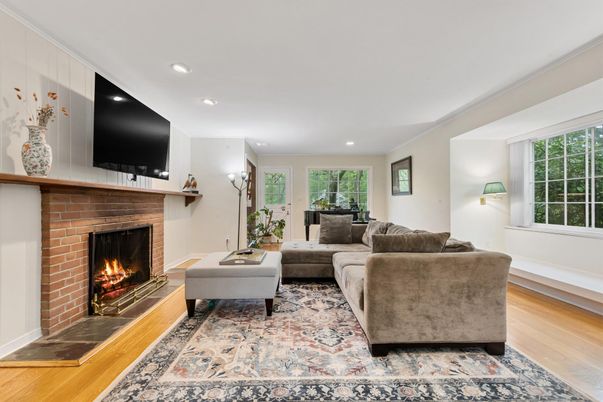 Fireplace, Interior, Living room, Recessed Lighting, Wood Texture Flooring