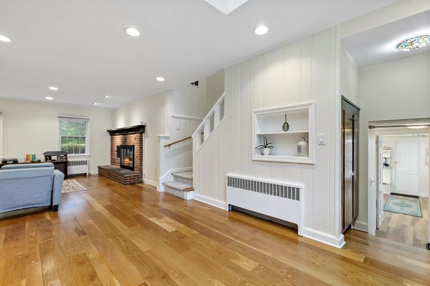 Fireplace, Interior, Living room, Recessed Lighting, Wood Texture Flooring