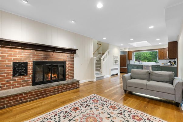Fireplace, Interior, Kitchen, Pendant Lights, Recessed Lighting, Stone Walls, Wood Texture Flooring