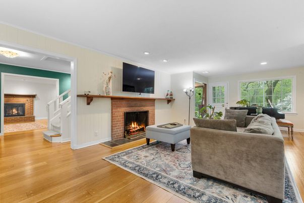 Fireplace, Interior, Living room, Recessed Lighting, Wood Texture Flooring