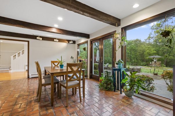 Dining room, Interior, Recessed Lighting, Wooden Beams