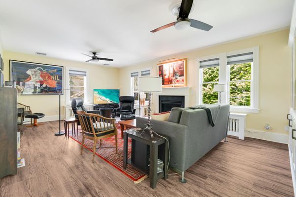 Fireplace, Home Office, Interior, Living room, Wood Texture Flooring