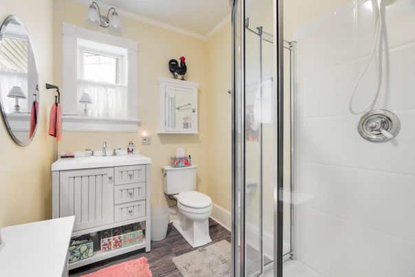 Bathroom, Glass Shower, Interior, Wood Texture Flooring