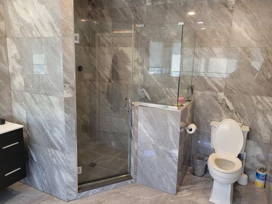 Bathroom, Glass Shower, Interior, Marble Walls, Recessed Lighting