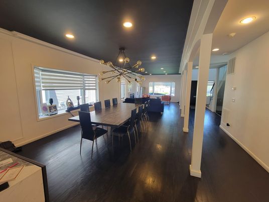Dining room, Interior, Pendant Lights, Recessed Lighting, Wood Texture Flooring