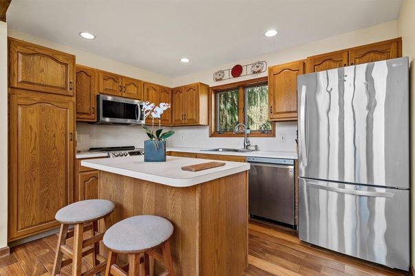 Interior, Kitchen, Recessed Lighting, Stainless Steel Appliances, Wood Texture Flooring
