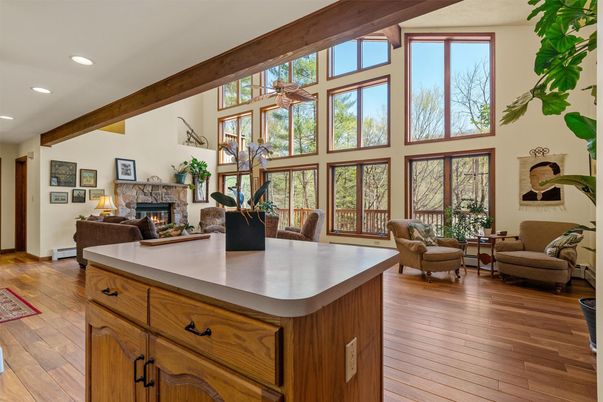 Fireplace, Interior, Living room, Recessed Lighting, Wooden Beams, Wood Texture Flooring
