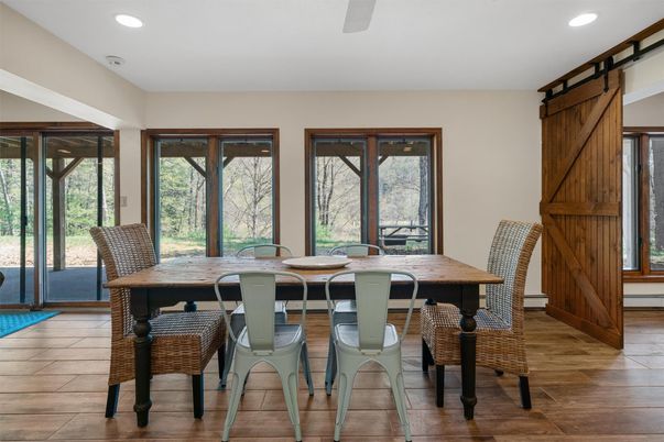 Dining room, Interior, Recessed Lighting, Wood Texture Flooring