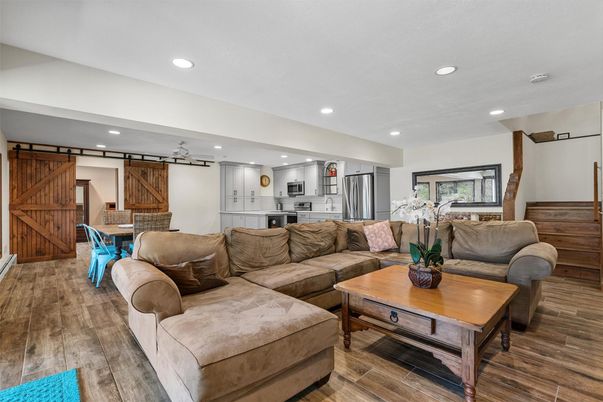 Interior, Kitchen, Living room, Recessed Lighting, Stainless Steel Appliances, Wood Texture Flooring