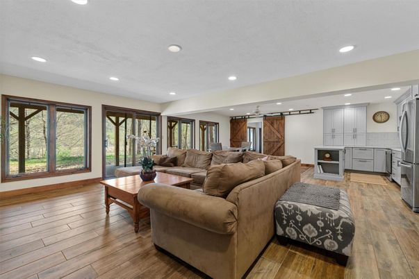 Interior, Kitchen, Living room, Recessed Lighting, Wood Texture Flooring