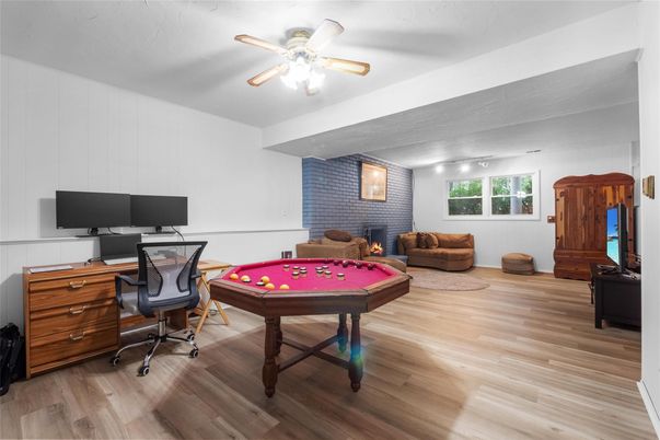Game Room, Home Office, Interior, Stone Walls, Wood Texture Flooring