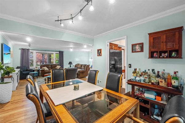 Dining room, Interior, Living room, Recessed Lighting, Wood Texture Flooring