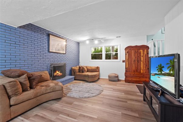 Fireplace, Interior, Living room, Stone Walls, Wood Texture Flooring