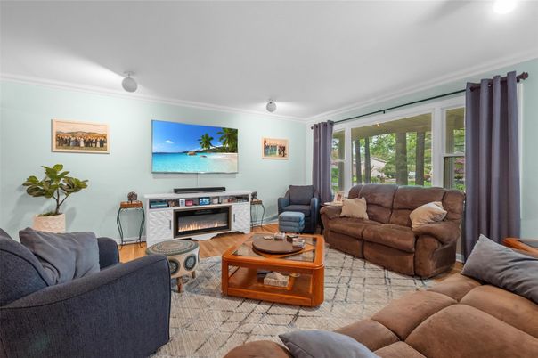 Fireplace, Interior, Living room, Recessed Lighting, Wood Texture Flooring