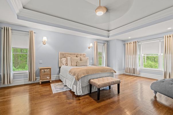 Bedroom, Interior, Pendant Lights, Recessed Lighting, Wood Texture Flooring