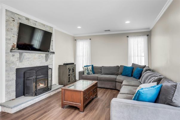 Fireplace, Interior, Living room, Recessed Lighting, Wood Texture Flooring