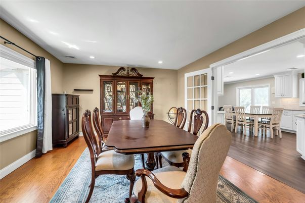 Dining room, Interior, Recessed Lighting, Wood Texture Flooring