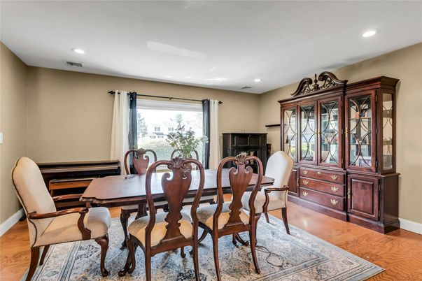 Dining room, Interior, Recessed Lighting, Wood Texture Flooring