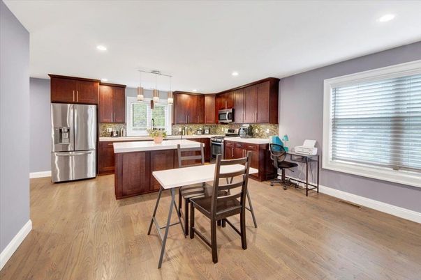 Interior, Kitchen, Pendant Lights, Recessed Lighting, Stainless Steel Appliances, Wood Texture Flooring