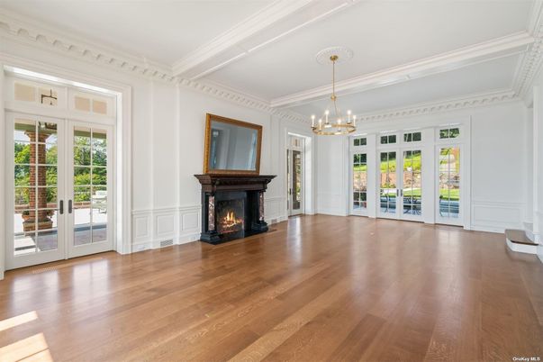 Chandelier, Empty room, Fireplace, Interior, Wood Texture Flooring