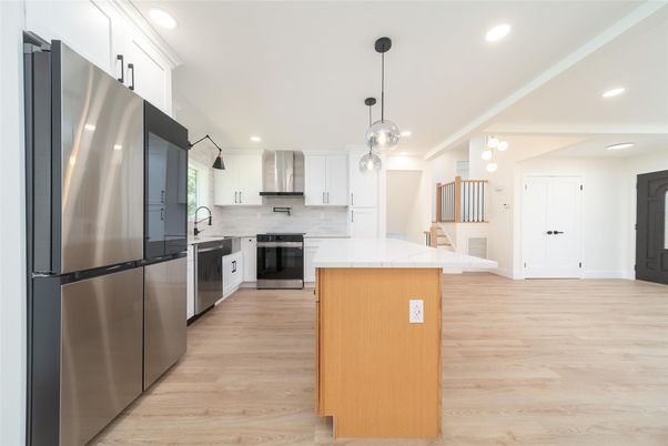 Interior, Kitchen, Pendant Lights, Recessed Lighting, Stainless Steel Appliances, Wood Texture Flooring