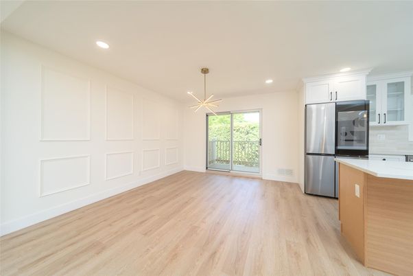 Empty room, Interior, Kitchen, Pendant Lights, Recessed Lighting, Wood Texture Flooring