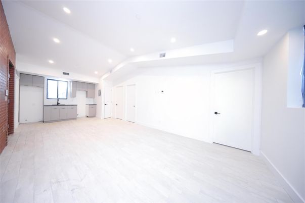 Empty room, Interior, Kitchen, Recessed Lighting, Wood Texture Flooring