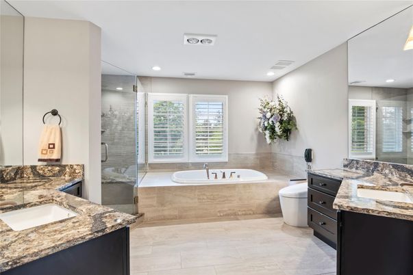 Bathroom, Dual Sink Vanities, Glass Shower, Interior, Recessed Lighting