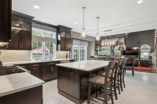 Interior, Kitchen, Marble, Pendant Lights, Recessed Lighting, Stainless Steel Appliances