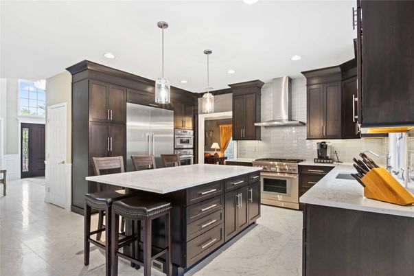 Interior, Kitchen, Marble, Pendant Lights, Recessed Lighting, Stainless Steel Appliances