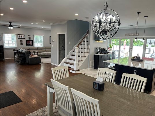 Chandelier, Dining room, Interior, Living room, Pendant Lights, Recessed Lighting, Wood Texture Flooring