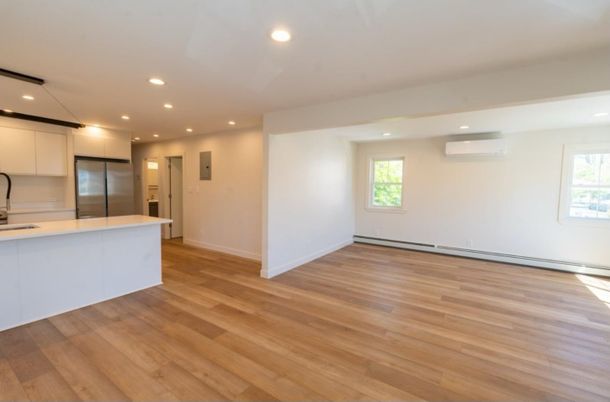 Empty room, Interior, Kitchen, Recessed Lighting, Wood Texture Flooring