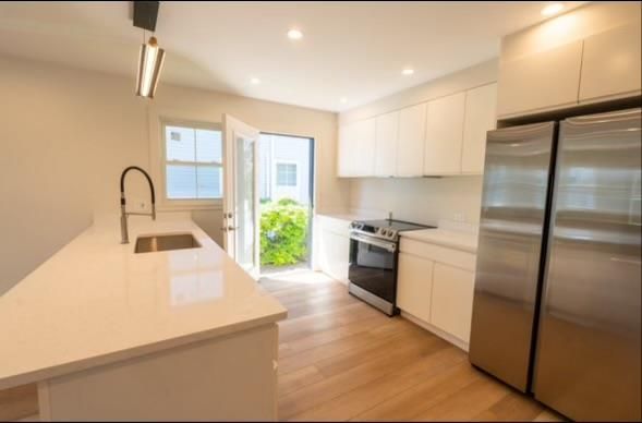 Interior, Kitchen, Recessed Lighting, Stainless Steel Appliances, Wood Texture Flooring