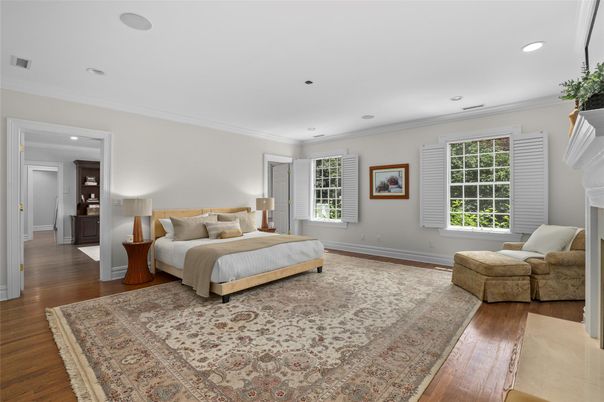 Bedroom, Fireplace, Interior, Recessed Lighting, Wood Texture Flooring