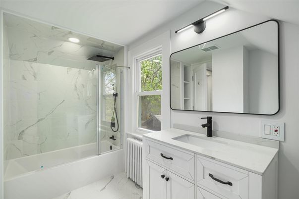 Bathroom, Glass Shower, Interior, Marble, Marble Walls, Recessed Lighting