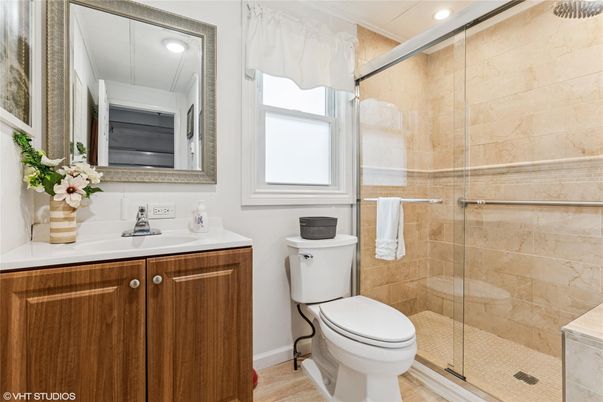 Bathroom, Glass Shower, Interior, Recessed Lighting, Wood Texture Flooring