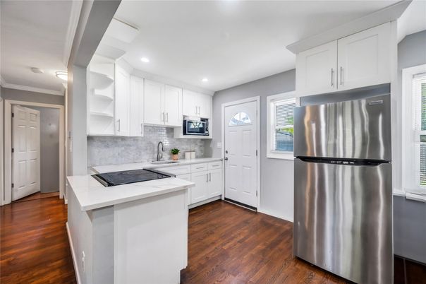 Interior, Kitchen, Recessed Lighting, Stainless Steel Appliances, Wood Texture Flooring