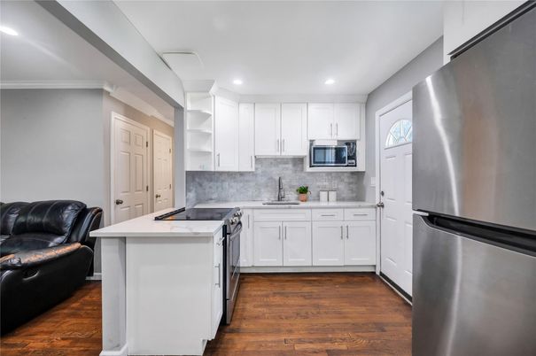 Interior, Kitchen, Recessed Lighting, Stainless Steel Appliances, Wood Texture Flooring