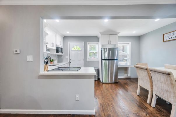 Interior, Kitchen, Recessed Lighting, Stainless Steel Appliances, Wood Texture Flooring