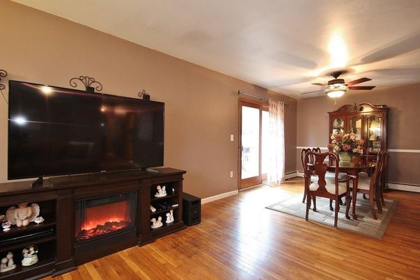 Dining room, Fireplace, Interior, Wood Texture Flooring