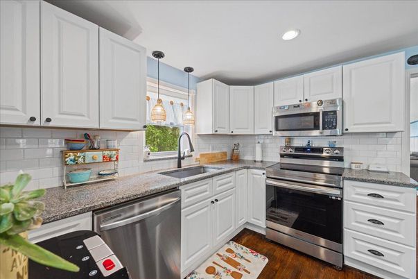 Interior, Kitchen, Pendant Lights, Recessed Lighting, Stainless Steel Appliances, Wood Texture Flooring