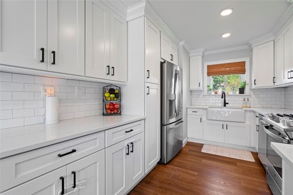 Interior, Kitchen, Recessed Lighting, Stainless Steel Appliances, Wood Texture Flooring