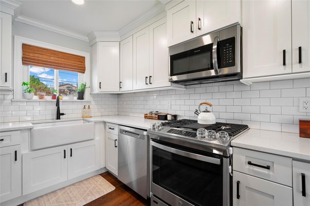 Interior, Kitchen, Recessed Lighting, Stainless Steel Appliances, Wood Texture Flooring