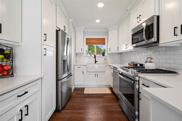 Interior, Kitchen, Recessed Lighting, Stainless Steel Appliances, Wood Texture Flooring