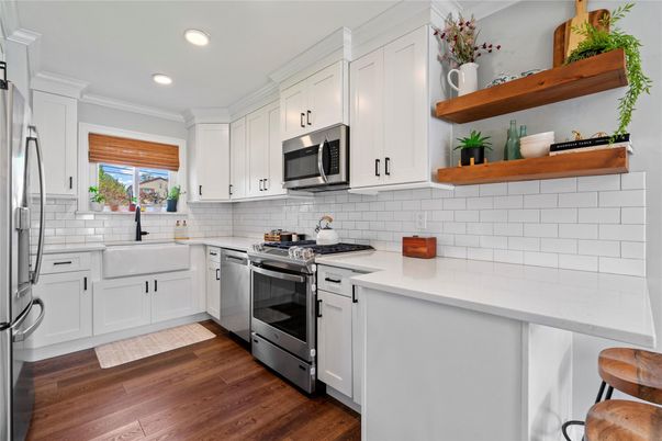Interior, Kitchen, Recessed Lighting, Stainless Steel Appliances, Wood Texture Flooring