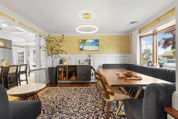 Dining room, Interior, Pendant Lights, Recessed Lighting, Wood Texture Flooring