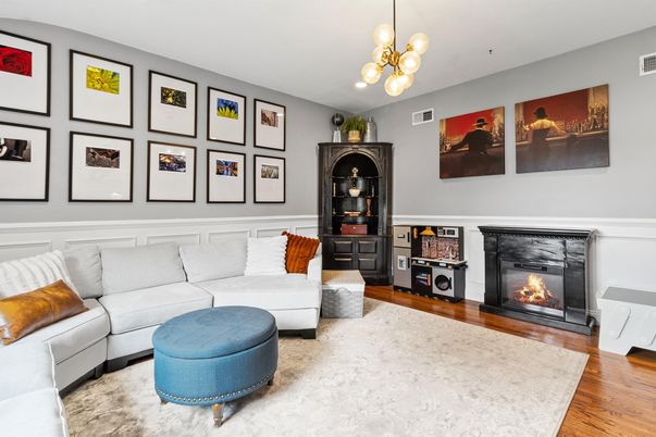 Fireplace, Interior, Living room, Pendant Lights, Wood Texture Flooring